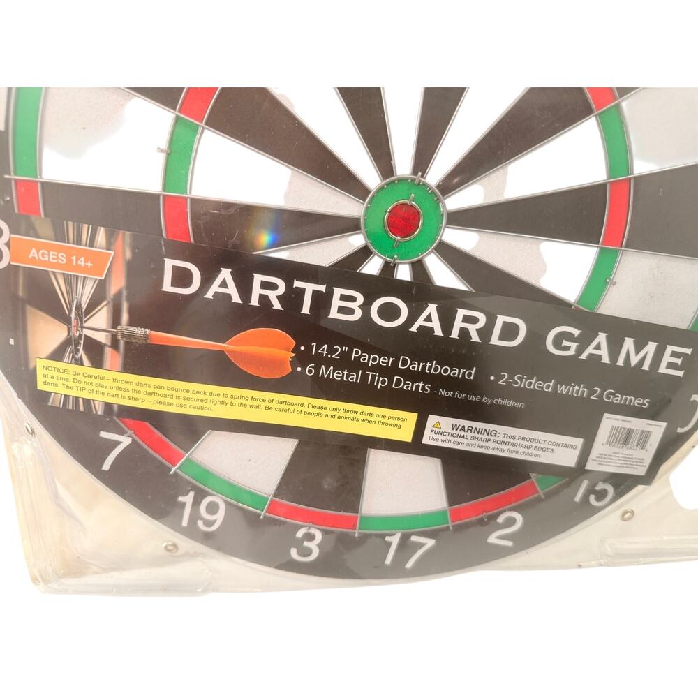New Dart Board Game 14.2’ wide - 2 Sided with 2 Games - 6 Metal Tip Darts - Picture 2 of 3